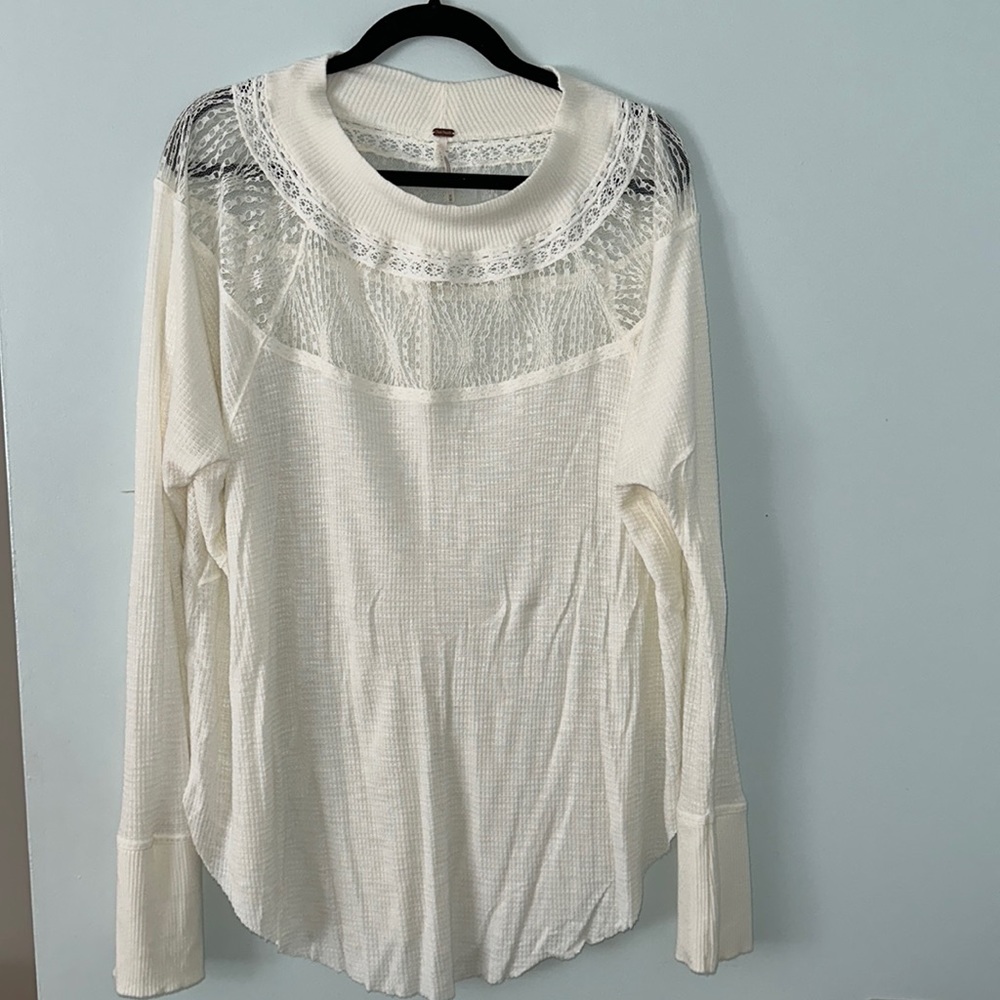 Free People, Womens Cream Lace Yoke Long Sleeve Top